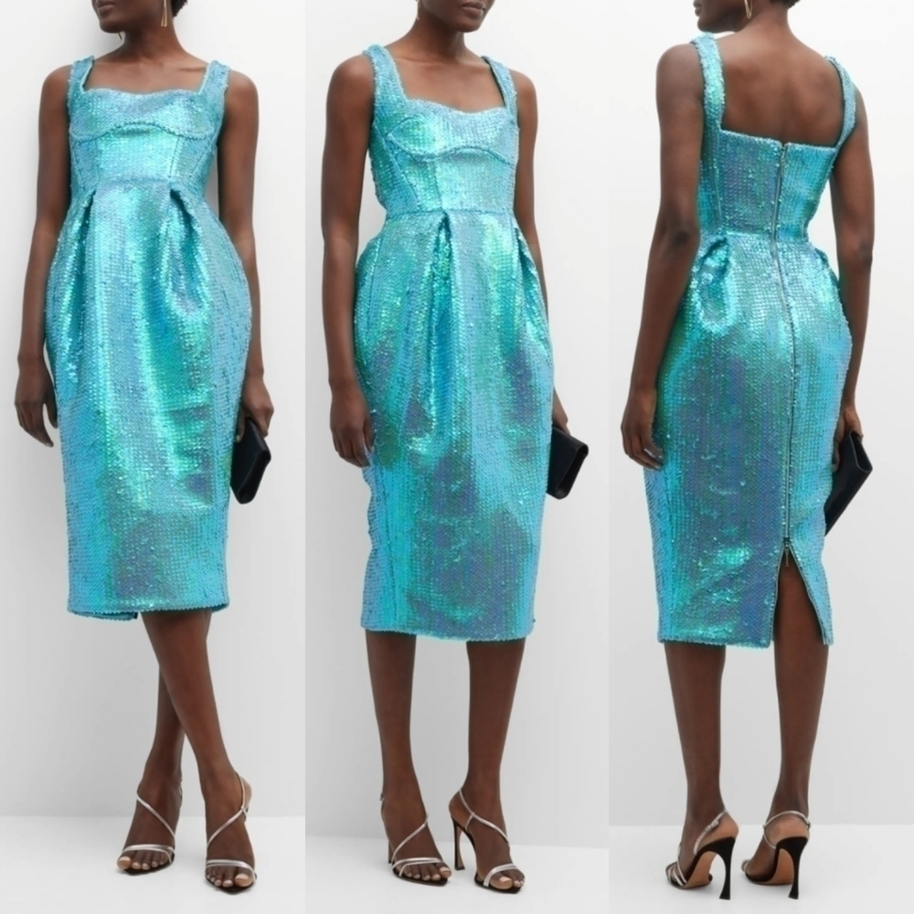 New Bronx And Banco Pleated Sequin Sweetheart Turquoise Midi Dress Large/8 US - Picture 5 of 15